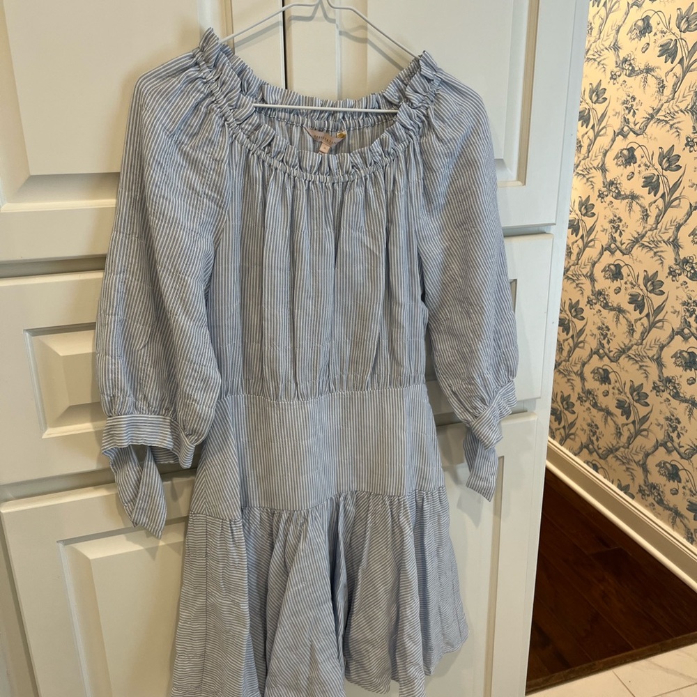 REBECCA TAYLOR BLUE PINSTRIPED DROP WAIST DRESS